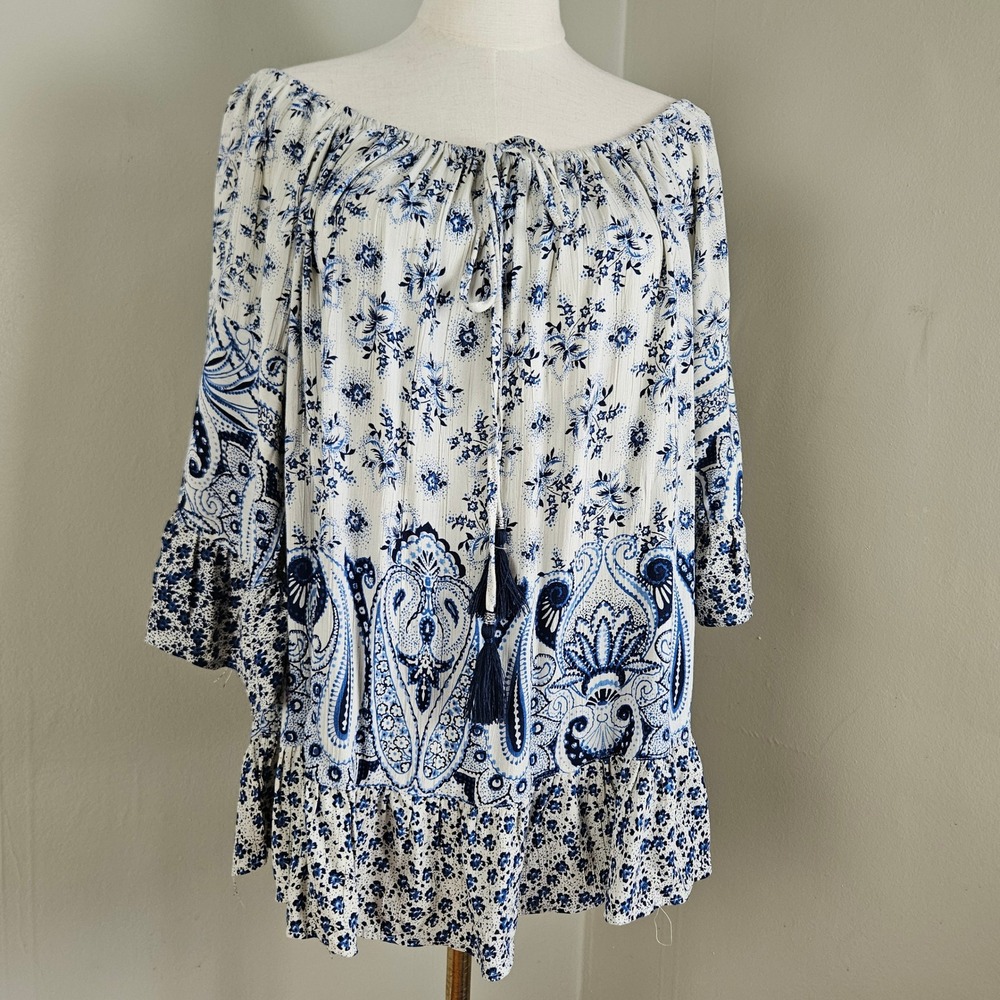 Lola P Floral Paisley Peasant Blouse Top Sz M Blue Ivory Babydoll Flutter Tiered